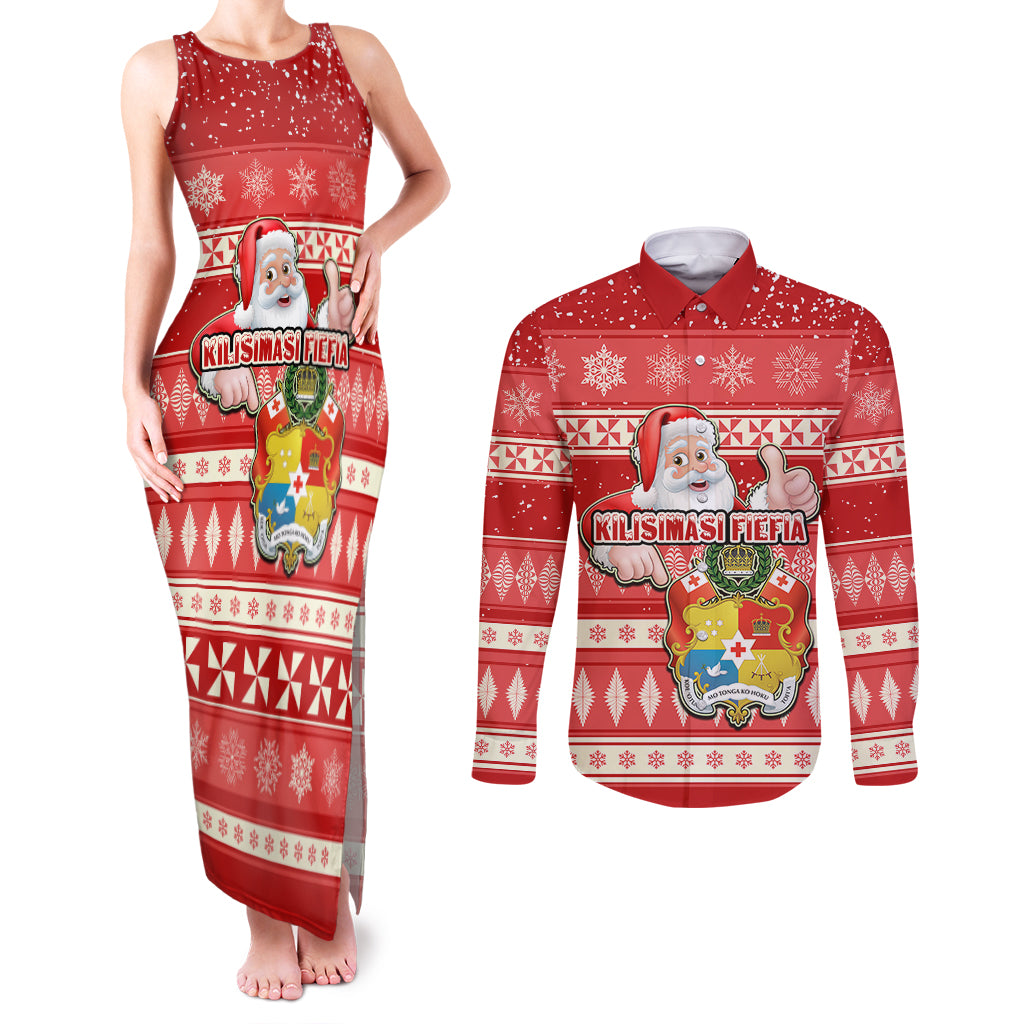 Tonga Christmas Couples Matching Tank Maxi Dress and Long Sleeve Button Shirts The Santa Coat of Arms with Ngatu and Snow Pattern LT03 Red - Polynesian Pride