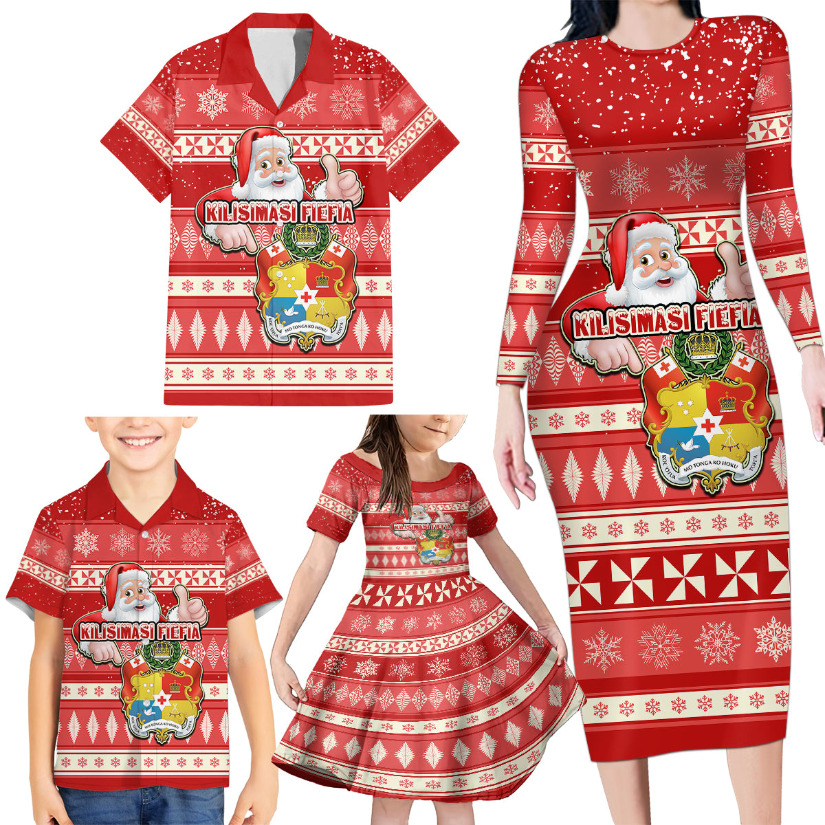 Tonga Christmas Family Matching Long Sleeve Bodycon Dress and Hawaiian Shirt The Santa Coat of Arms with Ngatu and Snow Pattern LT03 - Polynesian Pride