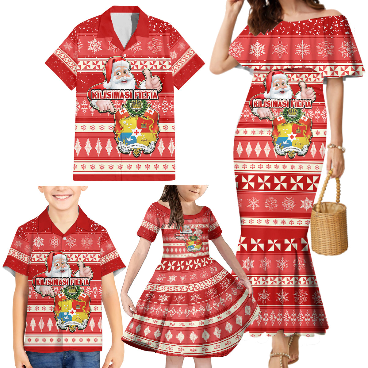 Tonga Christmas Family Matching Mermaid Dress and Hawaiian Shirt The Santa Coat of Arms with Ngatu and Snow Pattern LT03 - Polynesian Pride