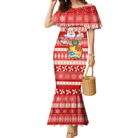 Tonga Christmas Family Matching Mermaid Dress and Hawaiian Shirt The Santa Coat of Arms with Ngatu and Snow Pattern LT03 Mom's Dress Red - Polynesian Pride