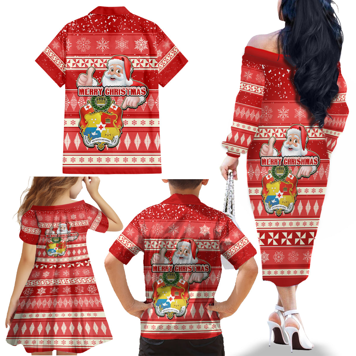Tonga Christmas Family Matching Off Shoulder Long Sleeve Dress and Hawaiian Shirt The Santa Coat of Arms with Ngatu and Snow Pattern LT03 - Polynesian Pride