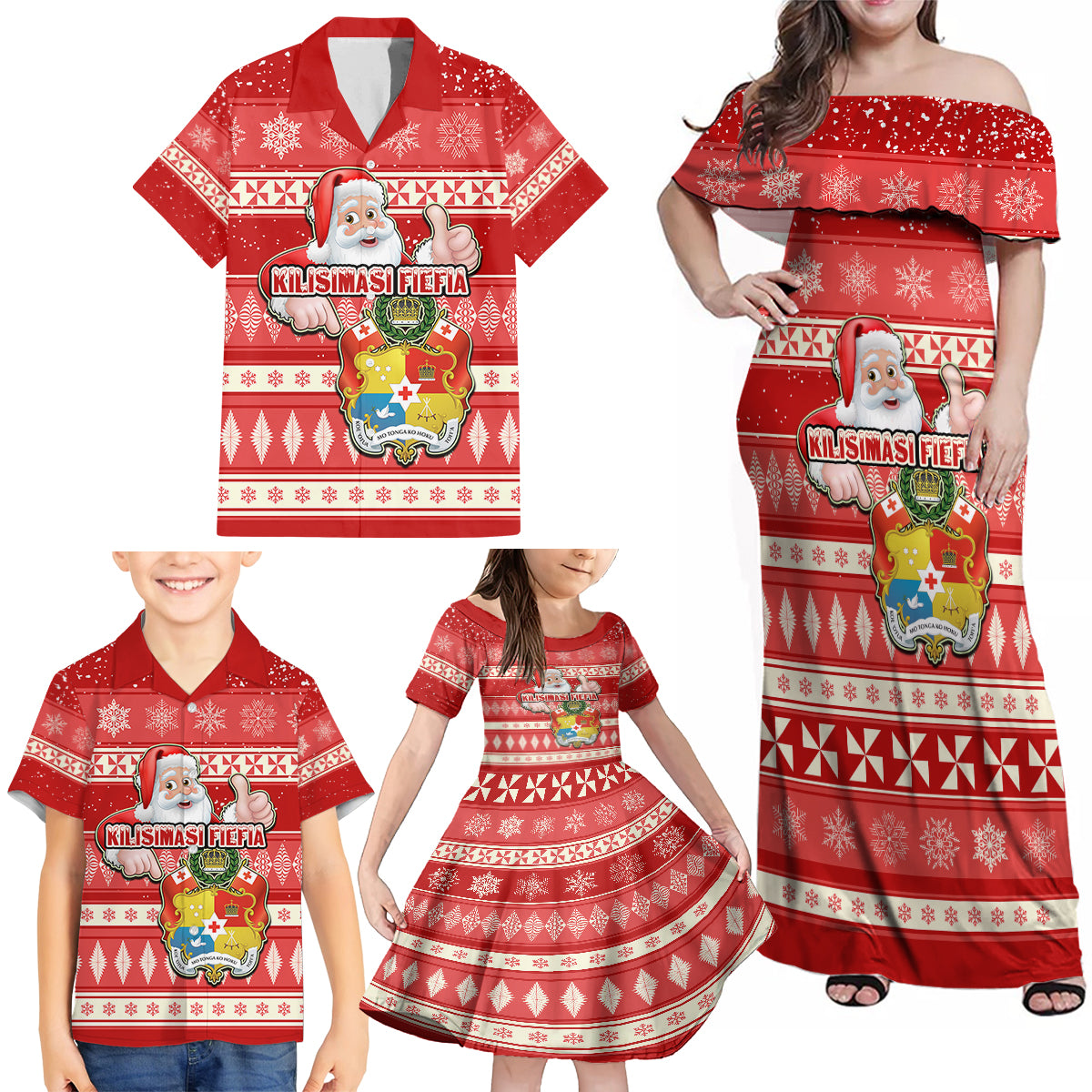 Tonga Christmas Family Matching Off Shoulder Maxi Dress and Hawaiian Shirt The Santa Coat of Arms with Ngatu and Snow Pattern LT03 - Polynesian Pride