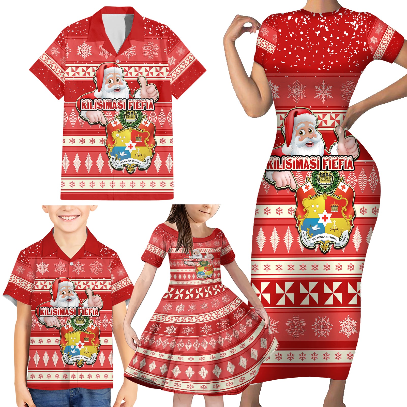 Tonga Christmas Family Matching Short Sleeve Bodycon Dress and Hawaiian Shirt The Santa Coat of Arms with Ngatu and Snow Pattern LT03 - Polynesian Pride