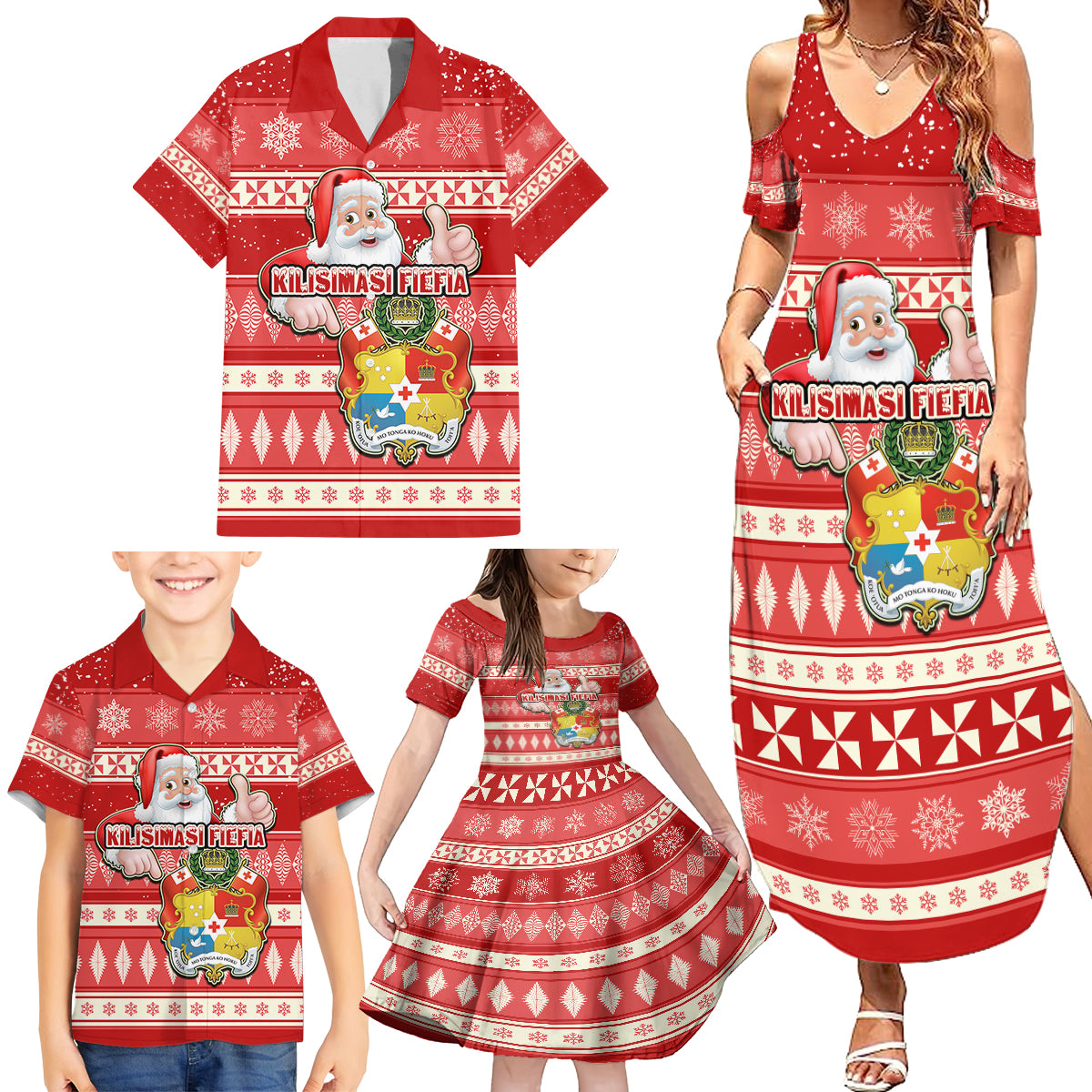 Tonga Christmas Family Matching Summer Maxi Dress and Hawaiian Shirt The Santa Coat of Arms with Ngatu and Snow Pattern LT03 - Polynesian Pride