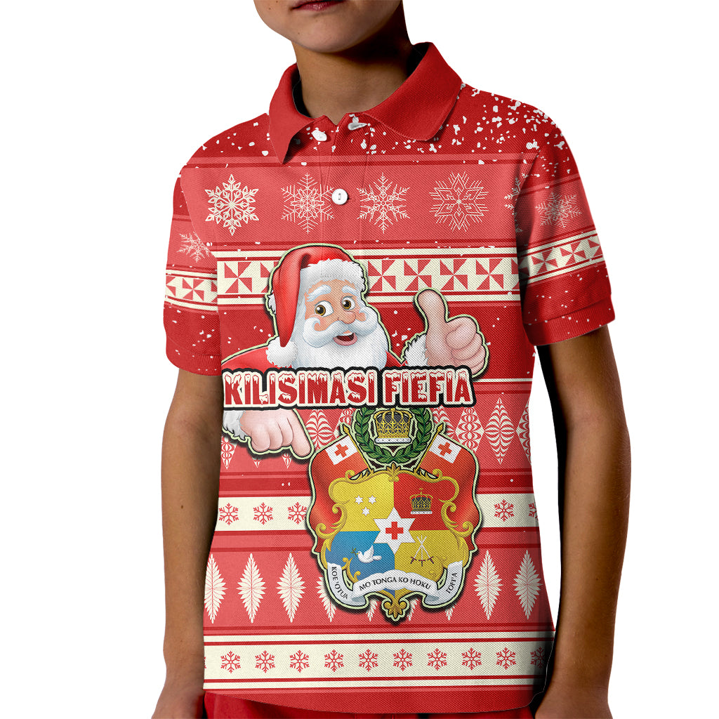 Tonga Christmas Kid Polo Shirt The Santa Coat of Arms with Ngatu and Snow Pattern LT03 Kid Red - Polynesian Pride