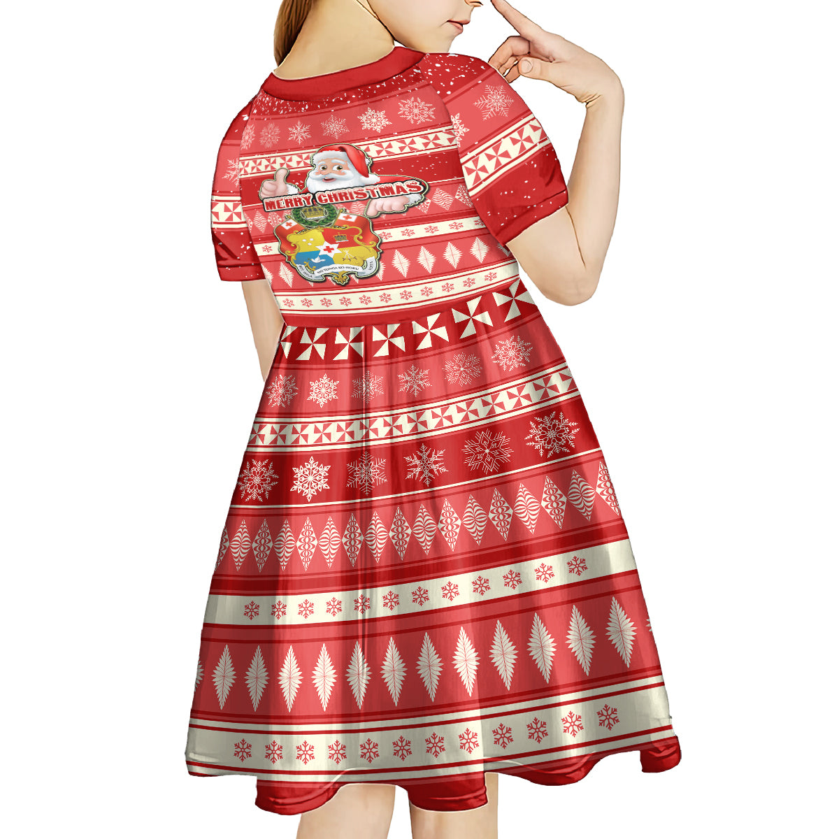 tonga-christmas-kid-short-sleeve-dress-the-santa-coat-of-arms-with-ngatu-and-snow-pattern