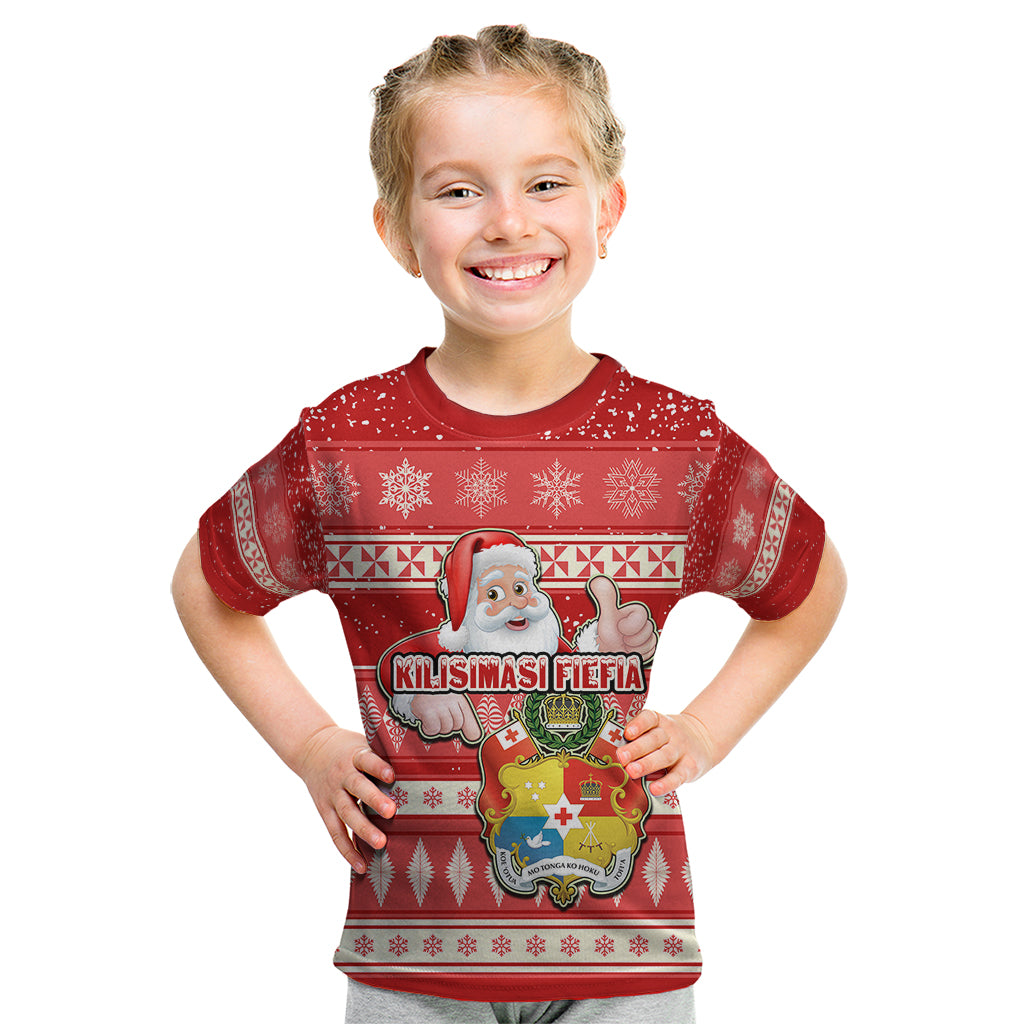 Tonga Christmas Kid T Shirt The Santa Coat of Arms with Ngatu and Snow Pattern LT03 Red - Polynesian Pride