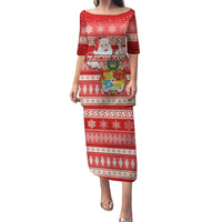 Tonga Christmas Puletasi The Santa Coat of Arms with Ngatu and Snow Pattern LT03 Long Dress Red - Polynesian Pride