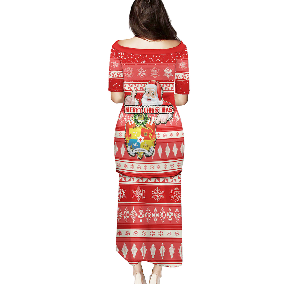 Tonga Christmas Puletasi The Santa Coat of Arms with Ngatu and Snow Pattern LT03 - Polynesian Pride