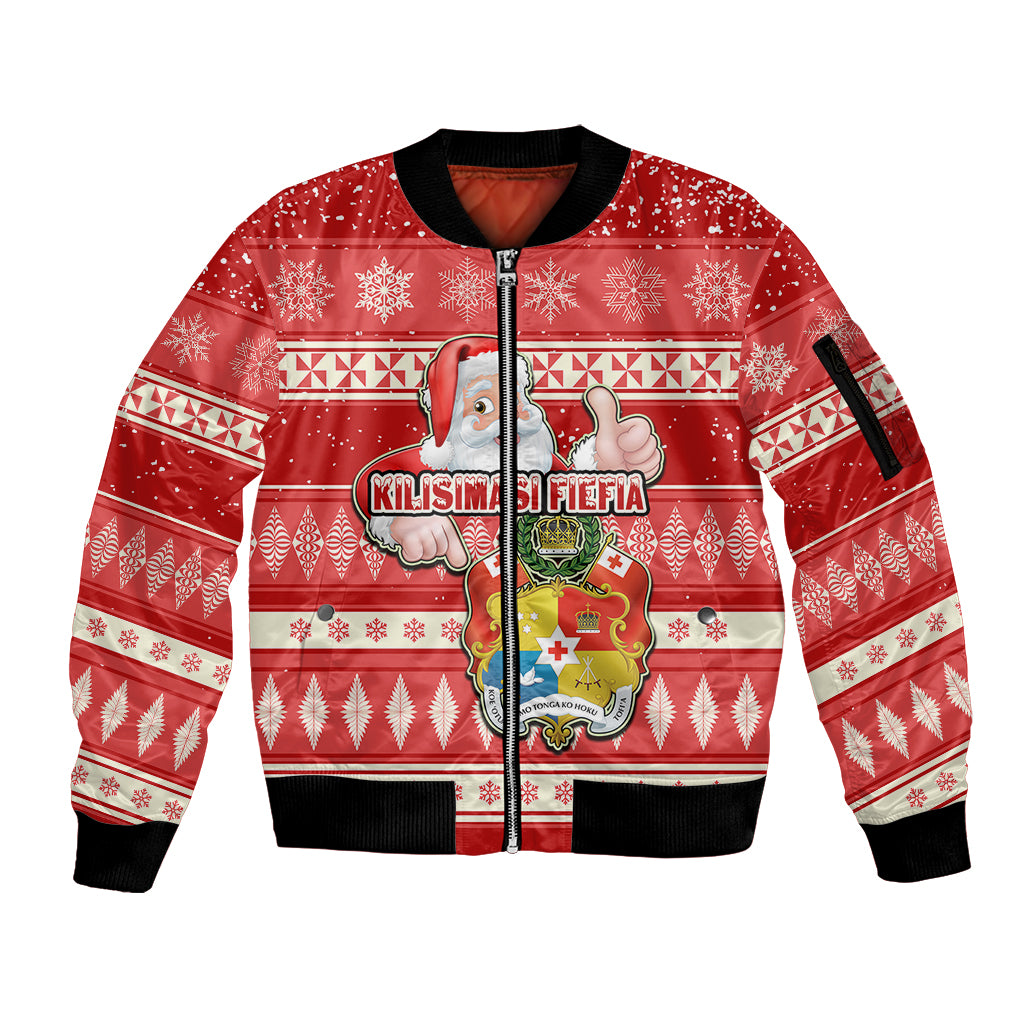 Tonga Christmas Sleeve Zip Bomber Jacket The Santa Coat of Arms with Ngatu and Snow Pattern LT03 Unisex Red - Polynesian Pride
