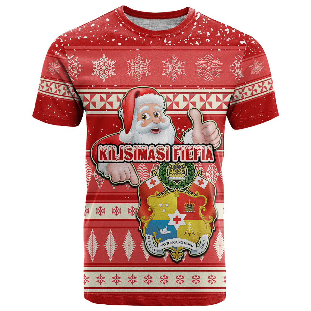 Tonga Christmas T Shirt The Santa Coat of Arms with Ngatu and Snow Pattern LT03 Red - Polynesian Pride