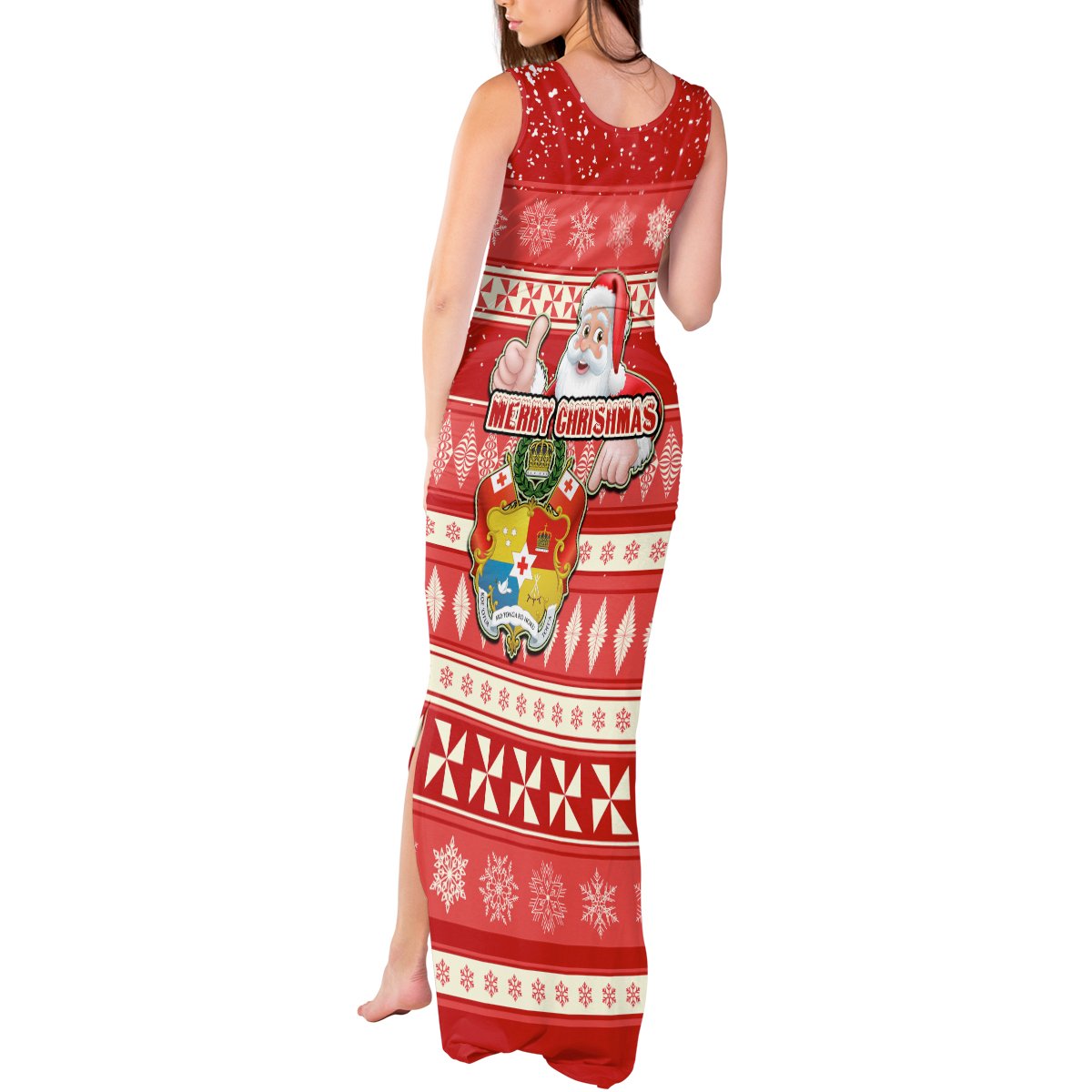Tonga Christmas Tank Maxi Dress The Santa Coat of Arms with Ngatu and Snow Pattern LT03 - Polynesian Pride