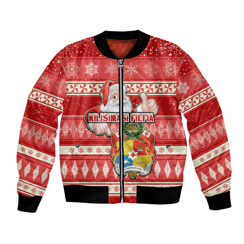 Custom Tonga Christmas Bomber Jacket The Santa Coat of Arms with Ngatu and Snow Pattern LT03 Unisex Red - Polynesian Pride