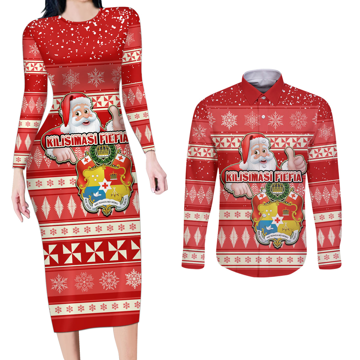 custom-tonga-christmas-couples-matching-long-sleeve-bodycon-dress-and-long-sleeve-button-shirts-the-santa-coat-of-arms-with-ngatu-and-snow-pattern