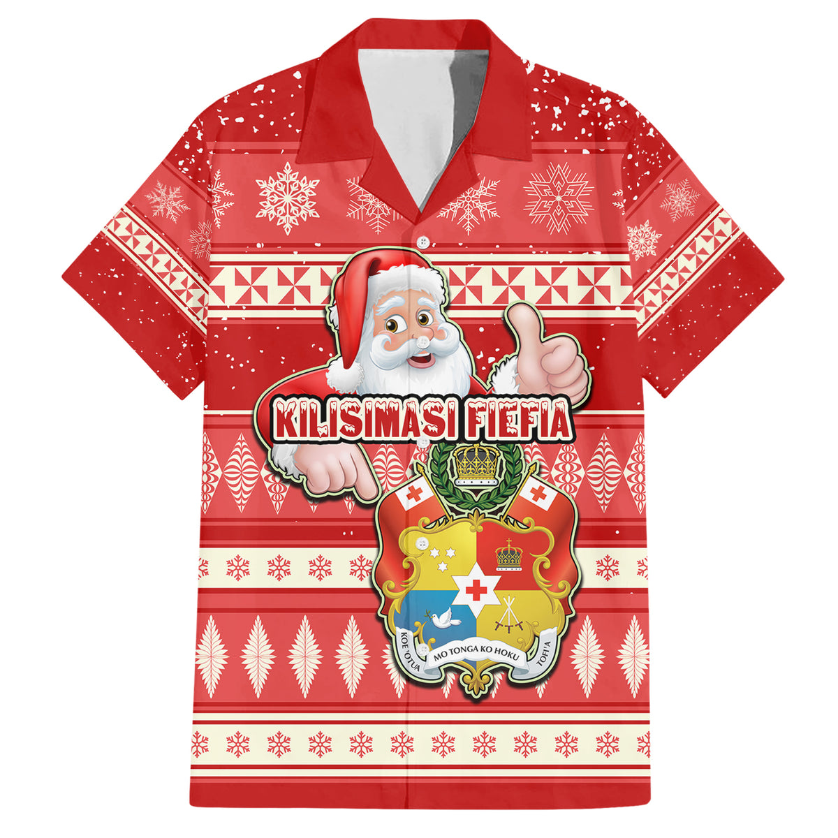 Custom Tonga Christmas Family Matching Short Sleeve Bodycon Dress and Hawaiian Shirt The Santa Coat of Arms with Ngatu and Snow Pattern LT03 Dad's Shirt - Short Sleeve Red - Polynesian Pride