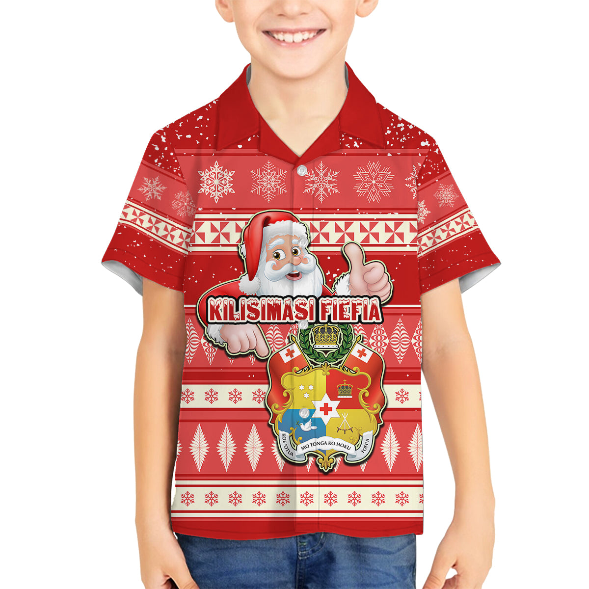 Custom Tonga Christmas Family Matching Tank Maxi Dress and Hawaiian Shirt The Santa Coat of Arms with Ngatu and Snow Pattern LT03 Son's Shirt Red - Polynesian Pride