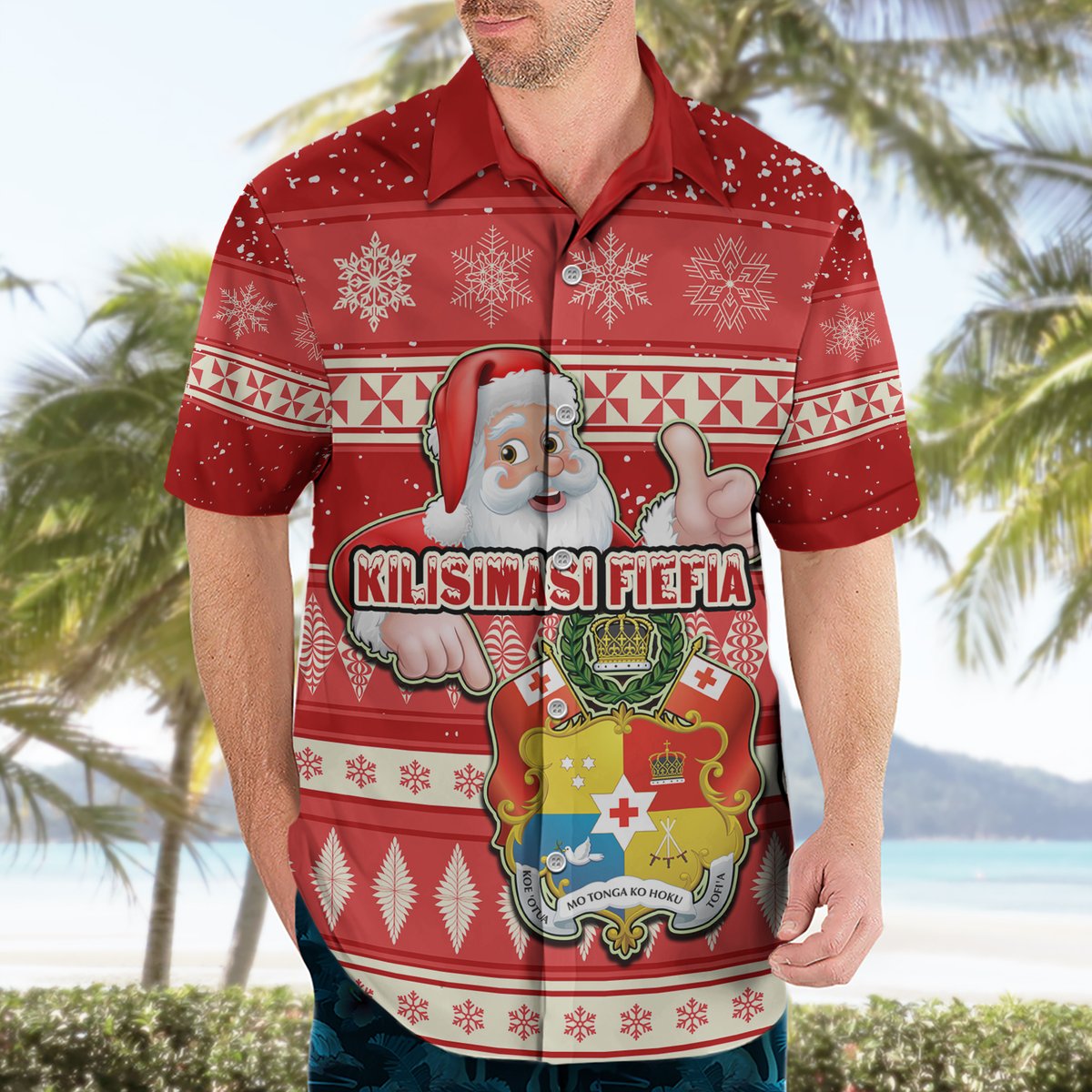 Custom Tonga Christmas Hawaiian Shirt The Santa Coat of Arms with Ngatu and Snow Pattern LT03 - Polynesian Pride