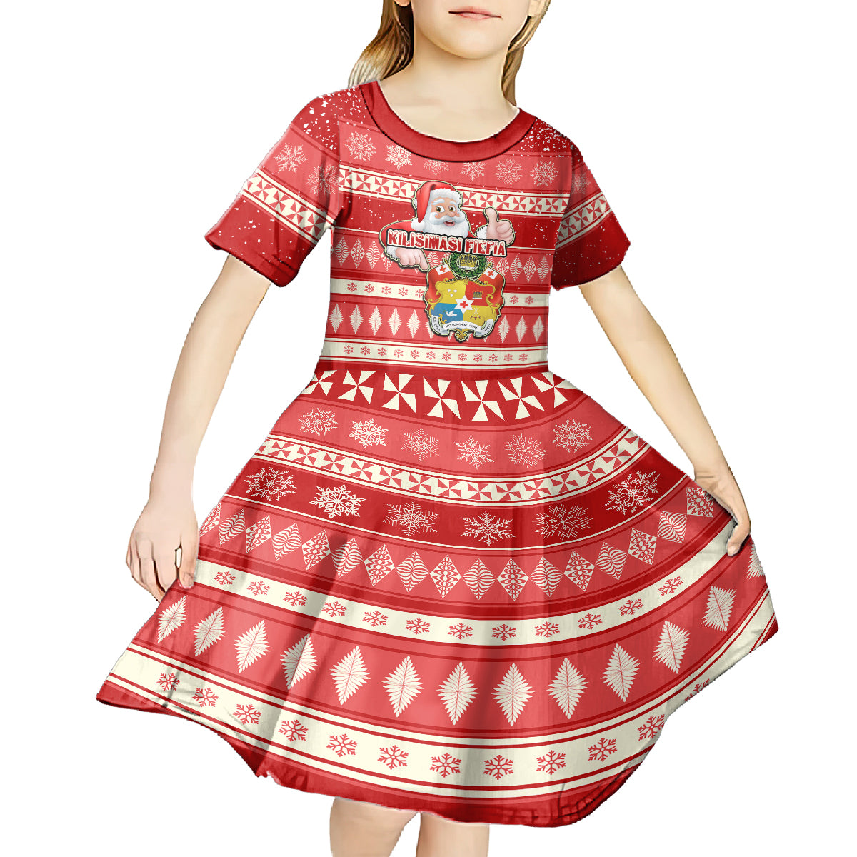 Custom Tonga Christmas Kid Short Sleeve Dress The Santa Coat of Arms with Ngatu and Snow Pattern LT03 - Polynesian Pride