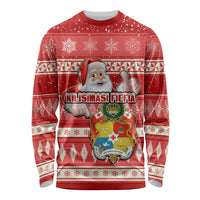 Custom Tonga Christmas Long Sleeve Shirt The Santa Coat of Arms with Ngatu and Snow Pattern LT03 Unisex Red - Polynesian Pride