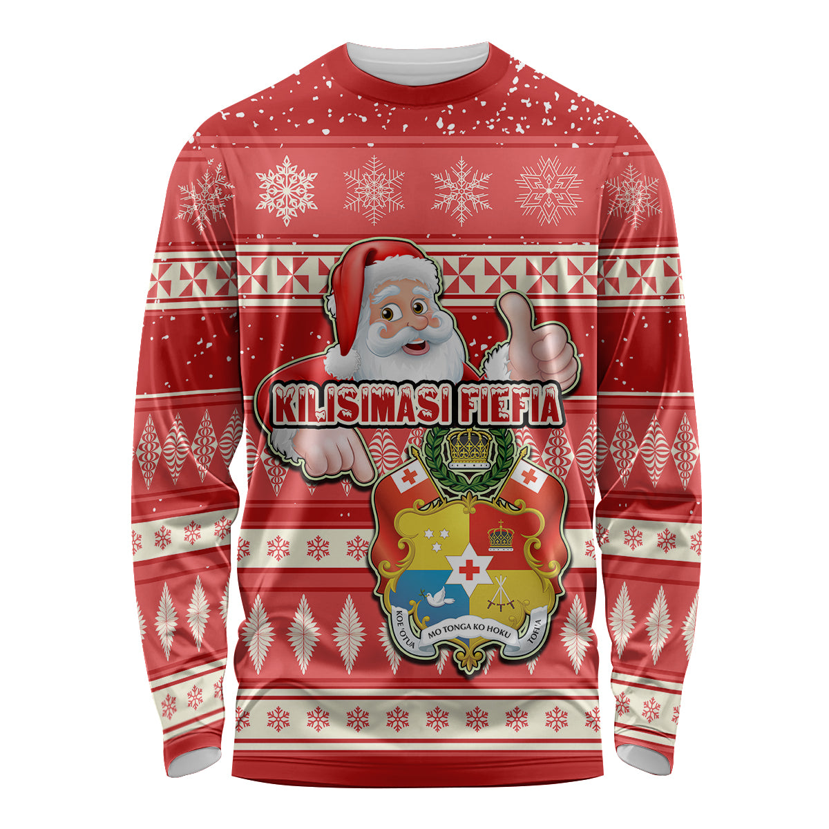 Custom Tonga Christmas Long Sleeve Shirt The Santa Coat of Arms with Ngatu and Snow Pattern LT03 Unisex Red - Polynesian Pride