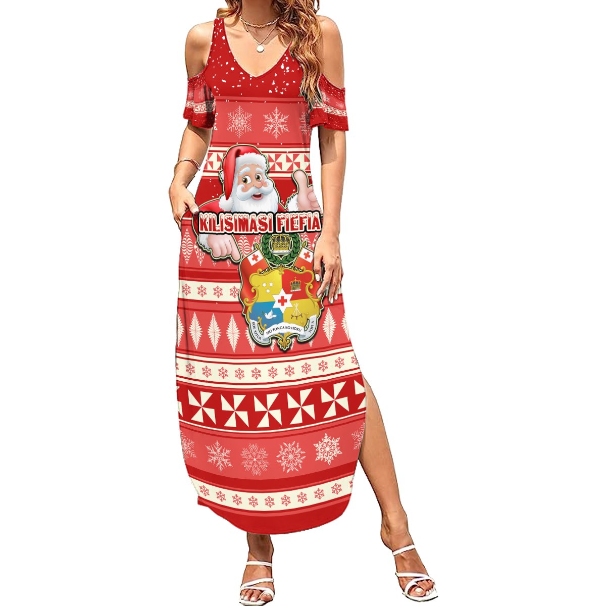 Custom Tonga Christmas Summer Maxi Dress The Santa Coat of Arms with Ngatu and Snow Pattern LT03 Women Red - Polynesian Pride