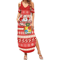 Custom Tonga Christmas Summer Maxi Dress The Santa Coat of Arms with Ngatu and Snow Pattern LT03 Women Red - Polynesian Pride