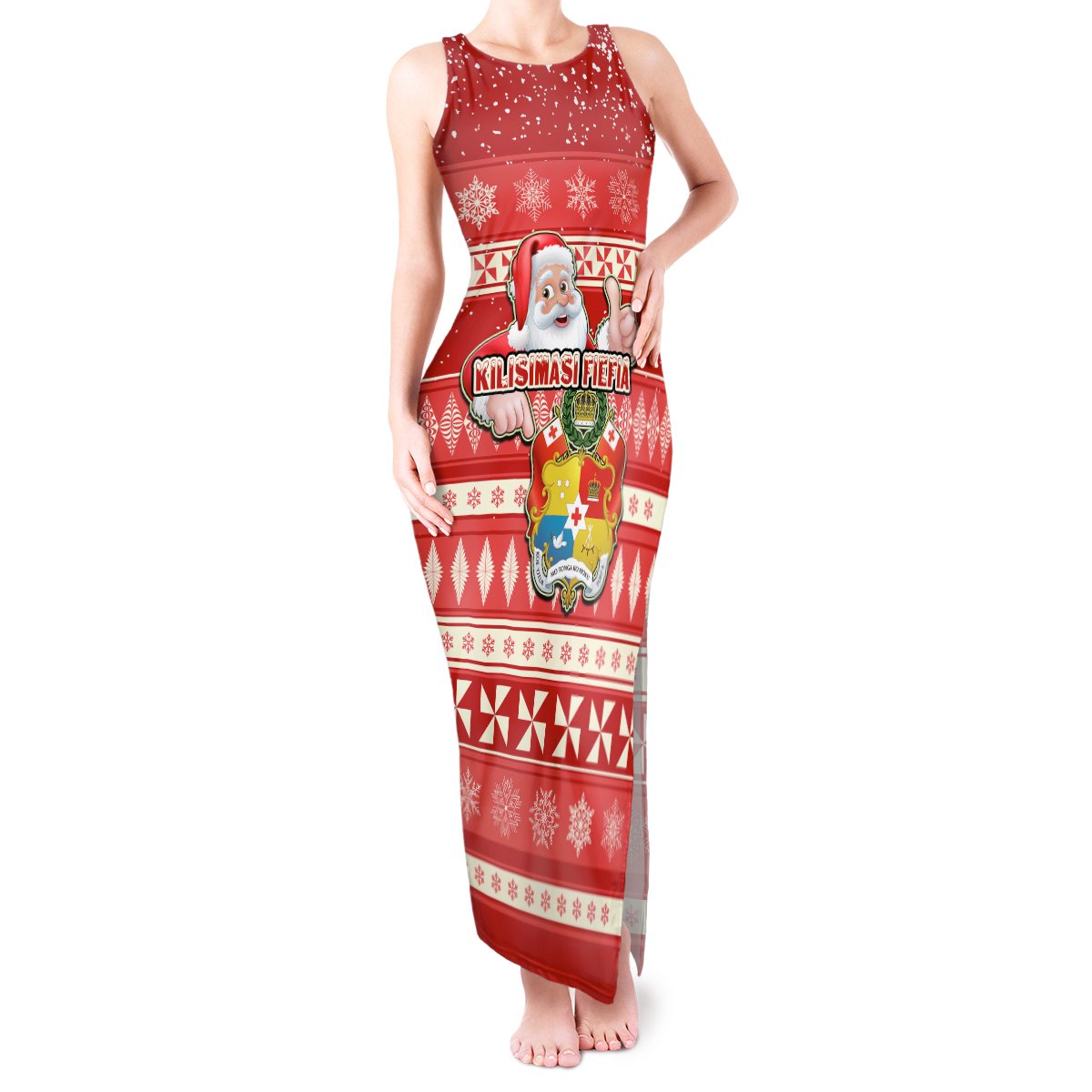 Custom Tonga Christmas Tank Maxi Dress The Santa Coat of Arms with Ngatu and Snow Pattern LT03 Women Red - Polynesian Pride