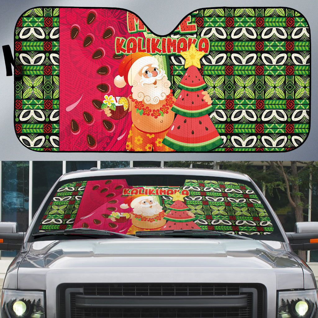 Hawaii Watermelon Mele Kalikimaka Auto Sun Shade Tribal Pacific Pattern with Tropical Funny Santa Claus