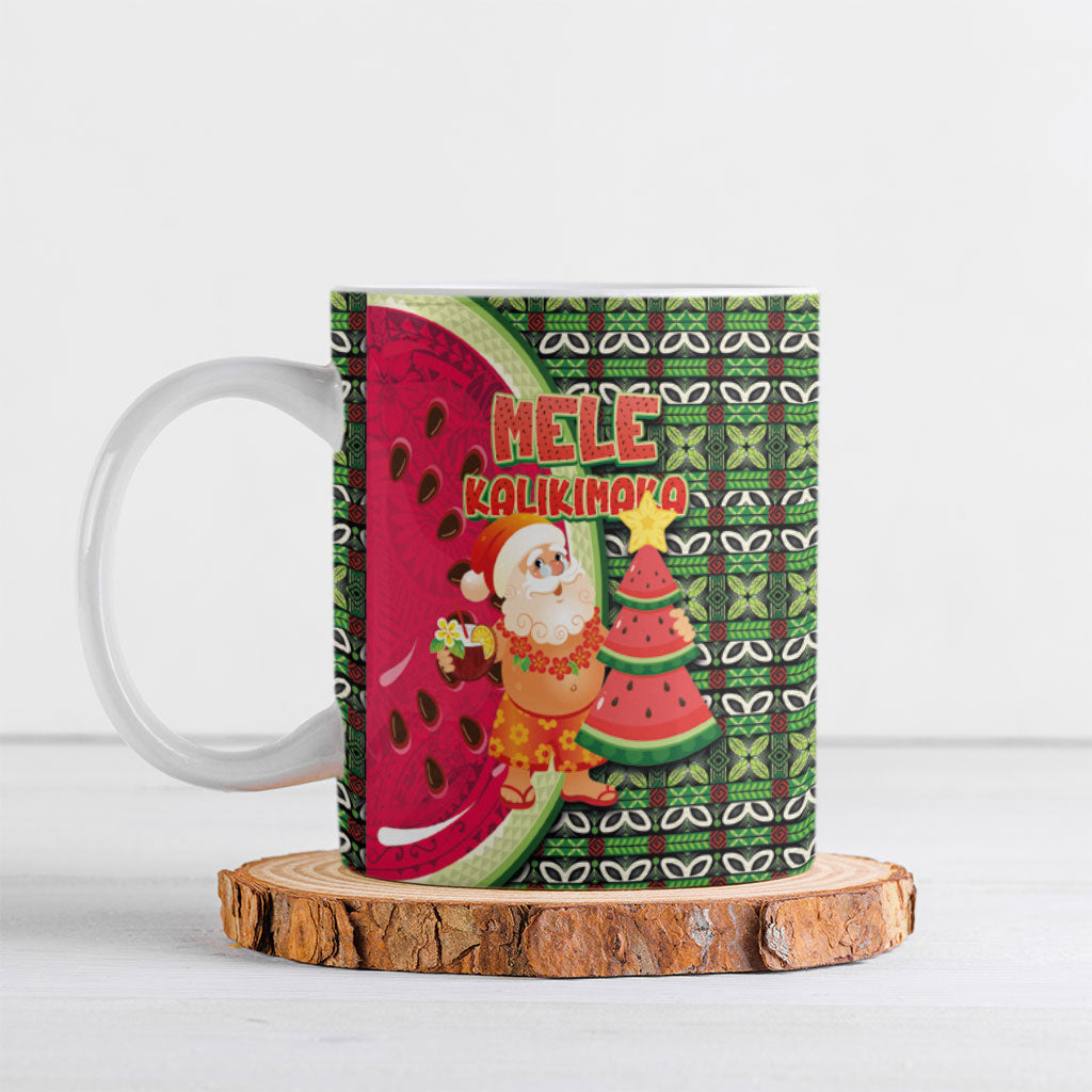 Hawaii Watermelon Mele Kalikimaka Ceramic Mug Tribal Pacific Pattern with Tropical Funny Santa Claus