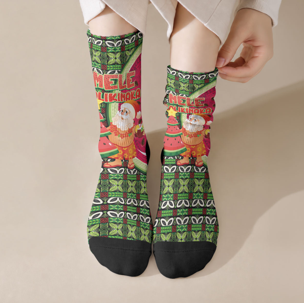 Hawaii Watermelon Mele Kalikimaka Crew Socks Tribal Pacific Pattern with Tropical Funny Santa Claus LT03 Crew Socks Multicolor - Polynesian Pride