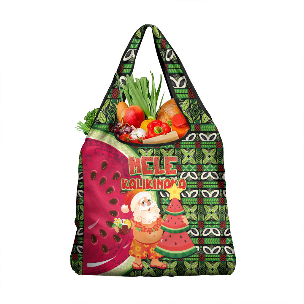 Hawaii Watermelon Mele Kalikimaka Grocery Bag Tribal Pacific Pattern with Tropical Funny Santa Claus