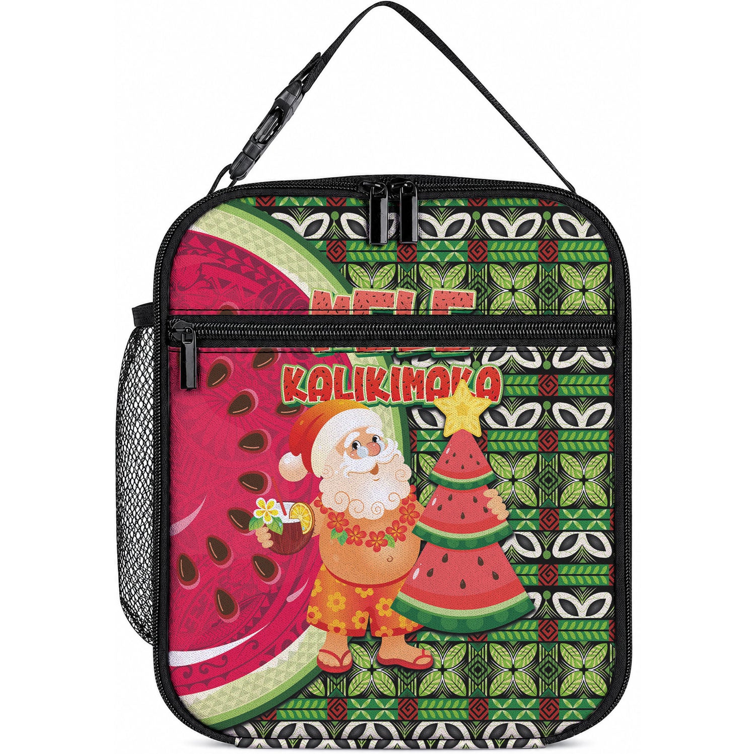 Hawaii Watermelon Mele Kalikimaka Lunch Bag Tribal Pacific Pattern with Tropical Funny Santa Claus