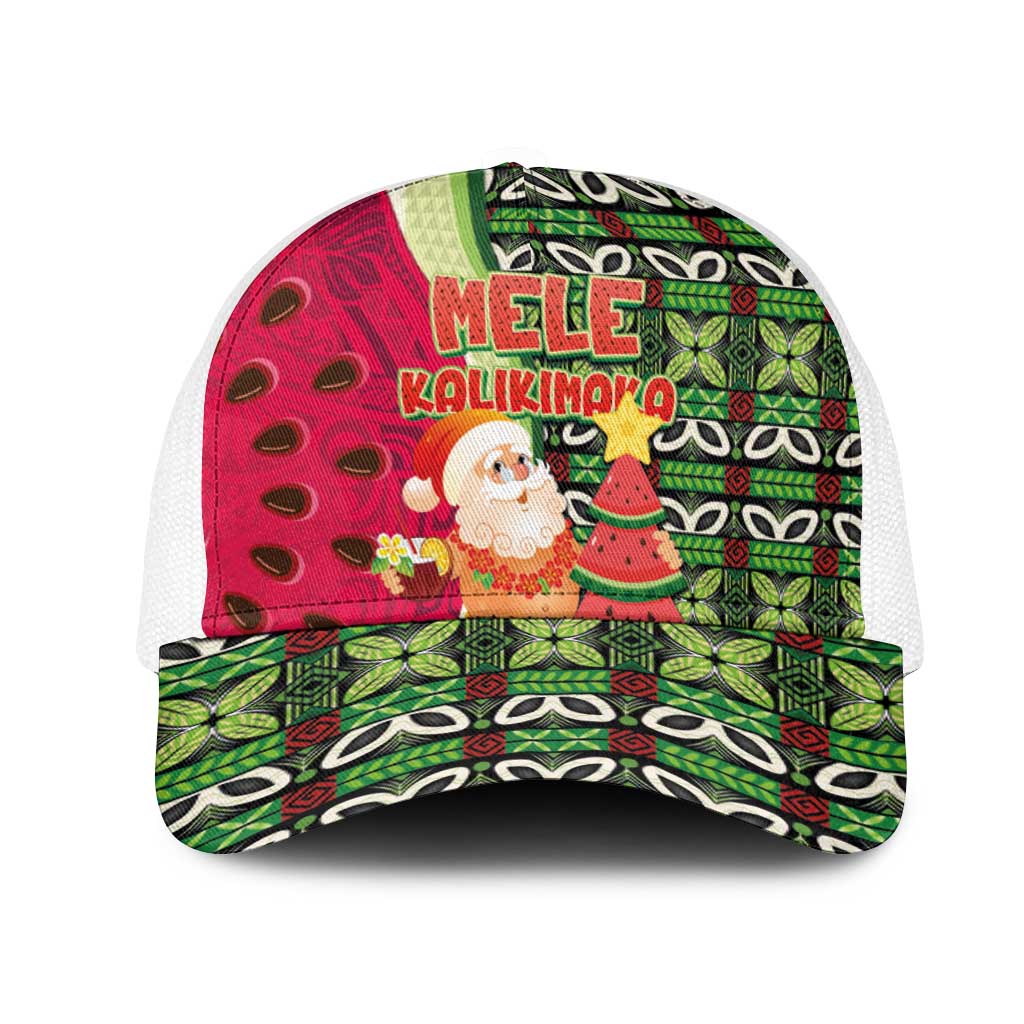 Hawaii Watermelon Mele Kalikimaka Mesh Trucker Cap Tribal Pacific Pattern with Tropical Funny Santa Claus