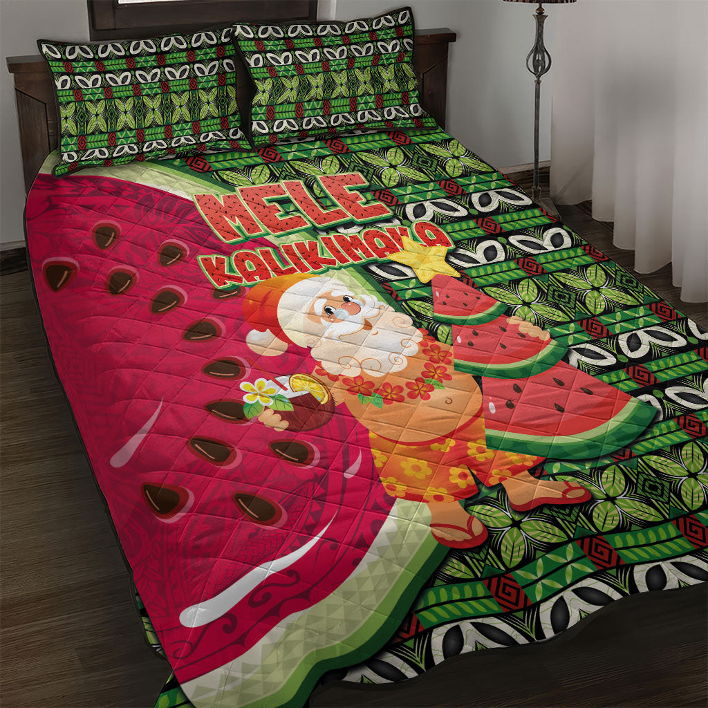 Hawaii Watermelon Mele Kalikimaka Quilt Bed Set Tribal Pacific Pattern with Tropical Funny Santa Claus LT03 Multicolor - Polynesian Pride