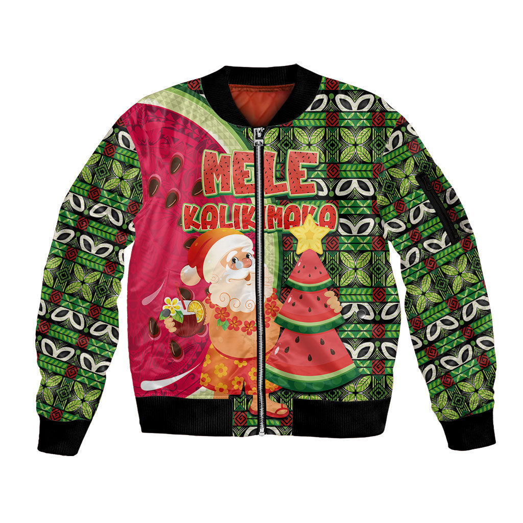 Hawaii Watermelon Mele Kalikimaka Sleeve Zip Bomber Jacket Tribal Pacific Pattern with Tropical Funny Santa Claus LT03 Unisex Multicolor - Polynesian Pride