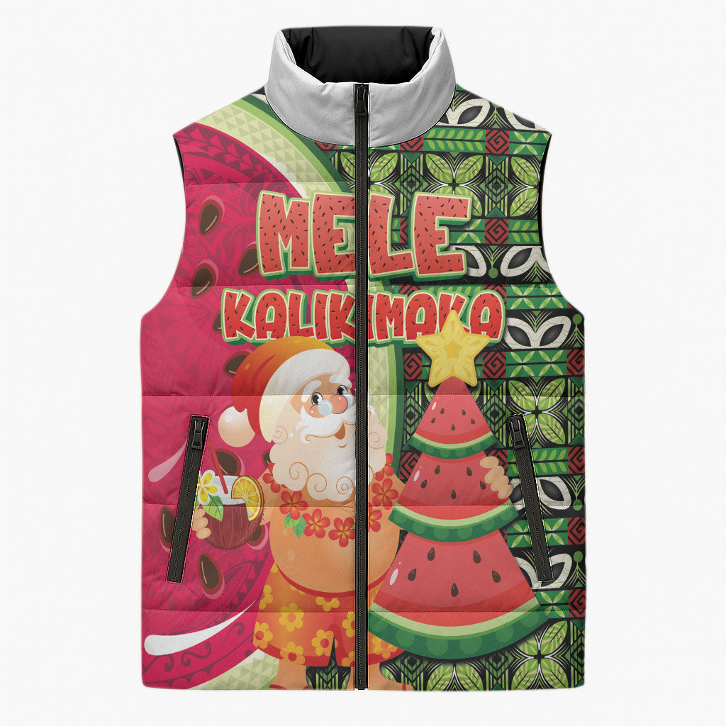 Hawaii Watermelon Mele Kalikimaka Sleeveless Puffer Jacket Tribal Pacific Pattern with Tropical Funny Santa Claus