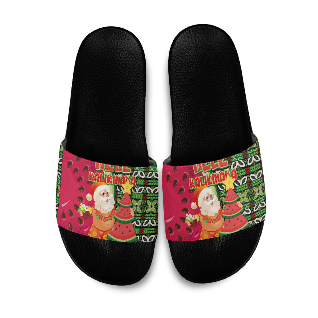 Hawaii Watermelon Mele Kalikimaka Slide Sandals Tribal Pacific Pattern with Tropical Funny Santa Claus