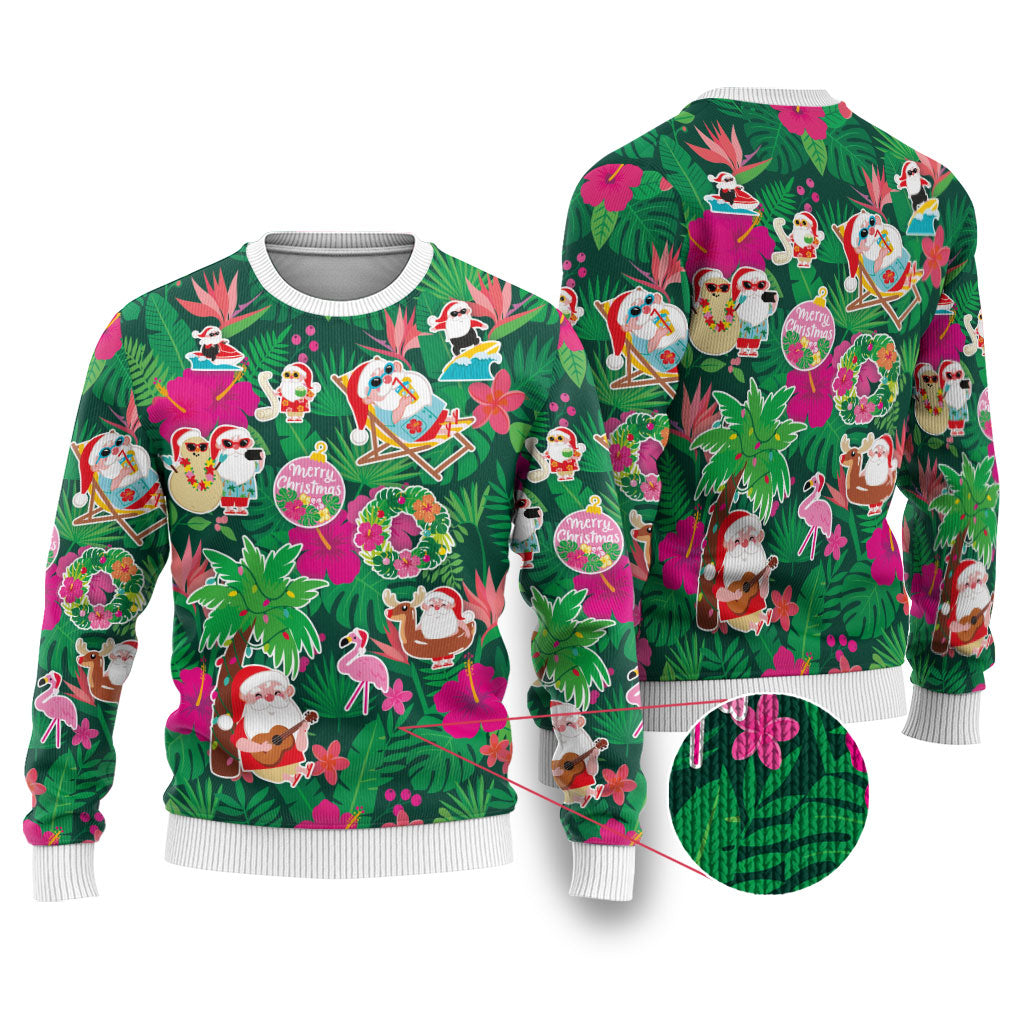 Hawaii Mele Kalikimaka Ugly Christmas Sweater Tropical Plants with Santa Claus LT03 Multicolor - Polynesian Pride