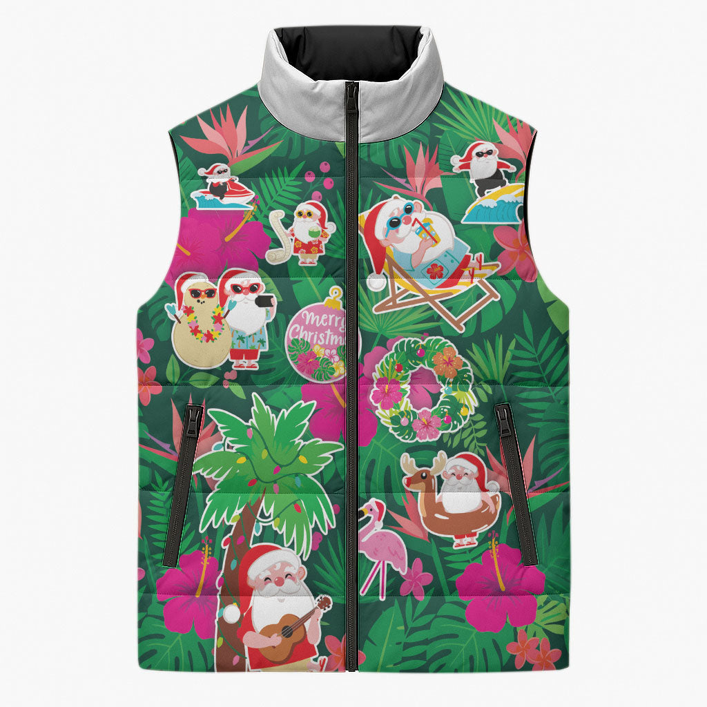 Hawaii Mele Kalikimaka Sleeveless Puffer Jacket Tropical Plants with Santa Claus
