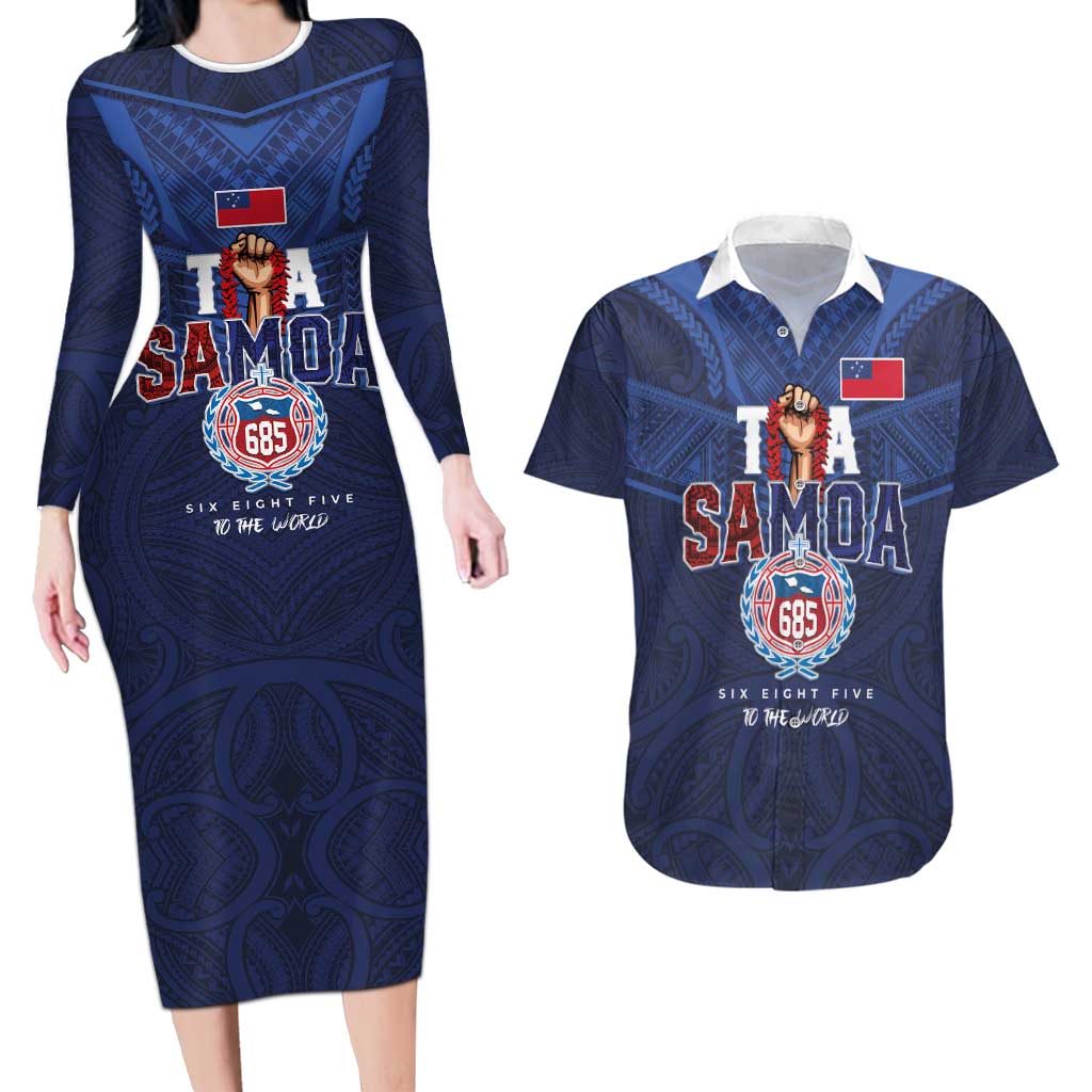 Custom Rugby Toa Samoa Couples Matching Long Sleeve Bodycon Dress and Hawaiian Shirt Champions Six Eight Five - Polynesian Pride