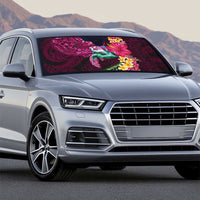 Hawaiian Plumeria and Hibiscus with Turtles Auto Sun Shade Polynesian Art Red Color - Polynesian Pride