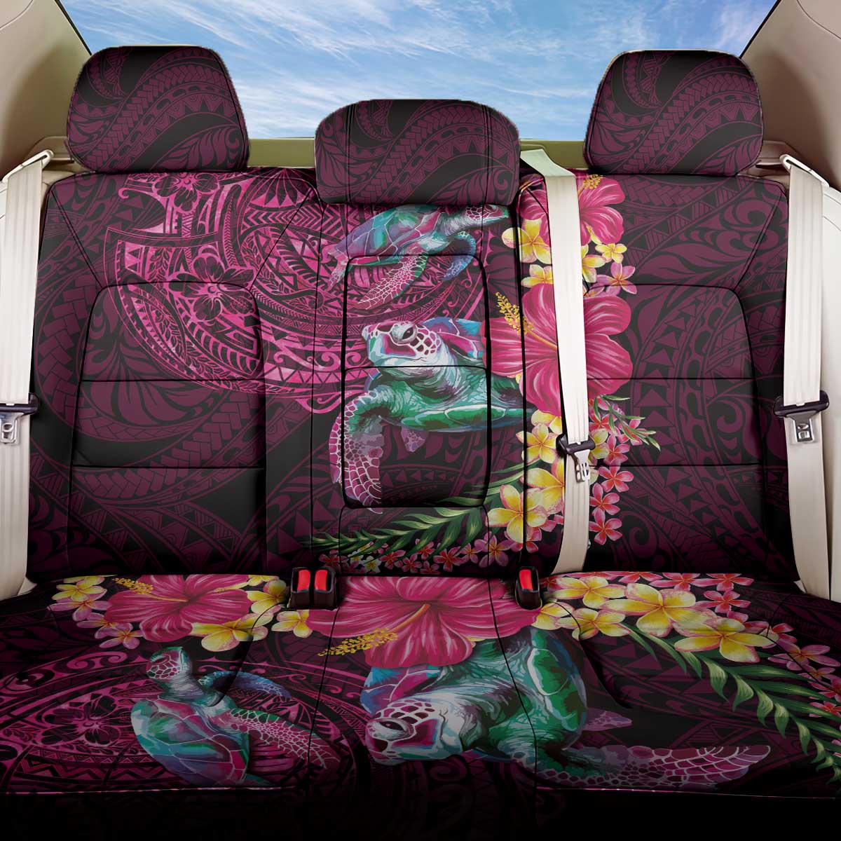Hawaiian Plumeria and Hibiscus with Turtles Back Car Seat Cover Polynesian Art Red Color - Polynesian Pride