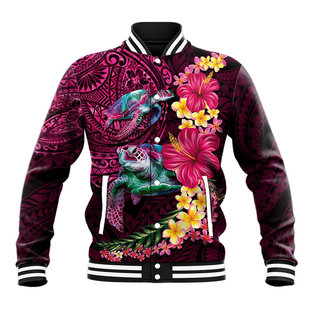 Hawaiian Plumeria and Hibiscus with Turtles Baseball Jacket Polynesian Art Red Color - Polynesian Pride