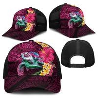 Hawaiian Plumeria and Hibiscus with Turtles Baseball Net Cap Polynesian Art Red Color - Polynesian Pride
