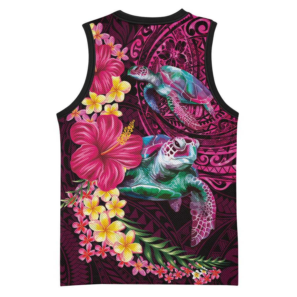 Hawaiian Plumeria and Hibiscus with Turtles Basketball Jersey Polynesian Art Red Color - Polynesian Pride