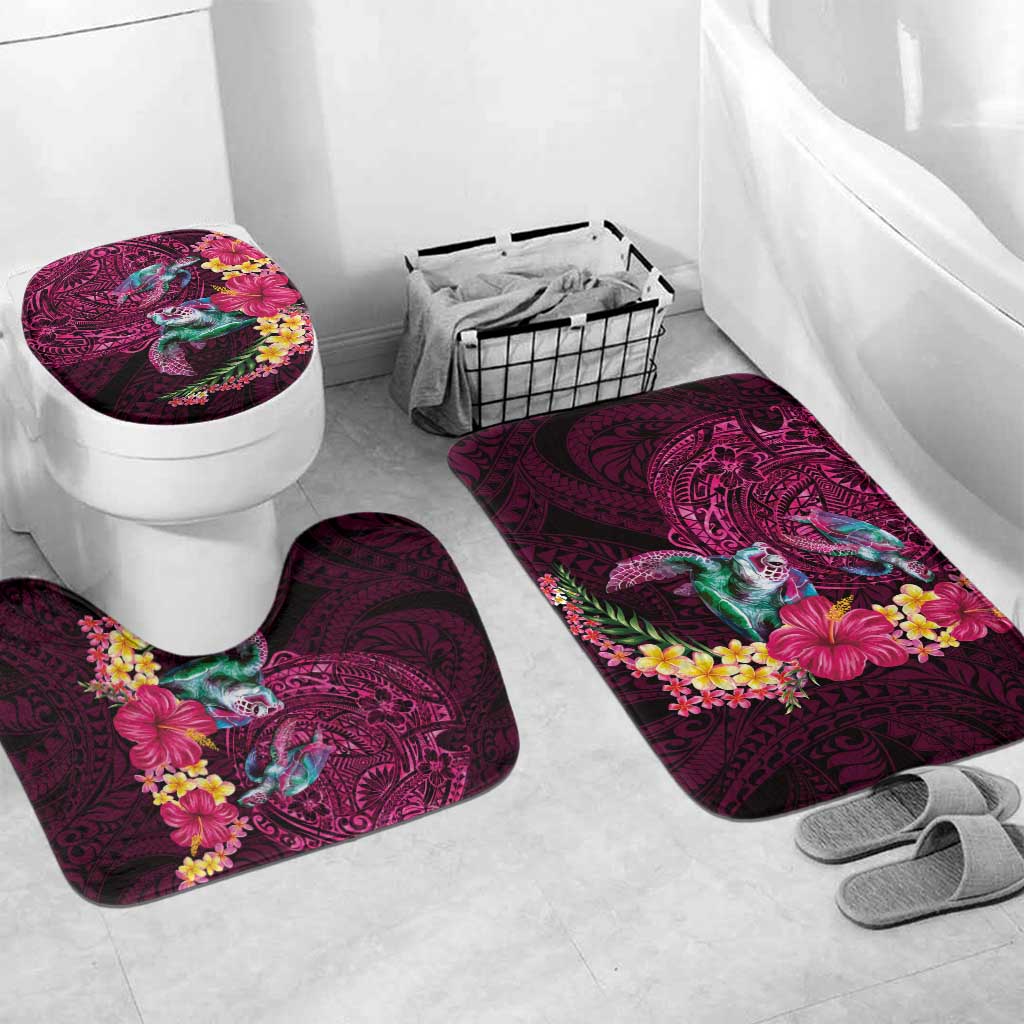 Hawaiian Plumeria and Hibiscus with Turtles Bathroom Set Polynesian Art Red Color - Polynesian Pride