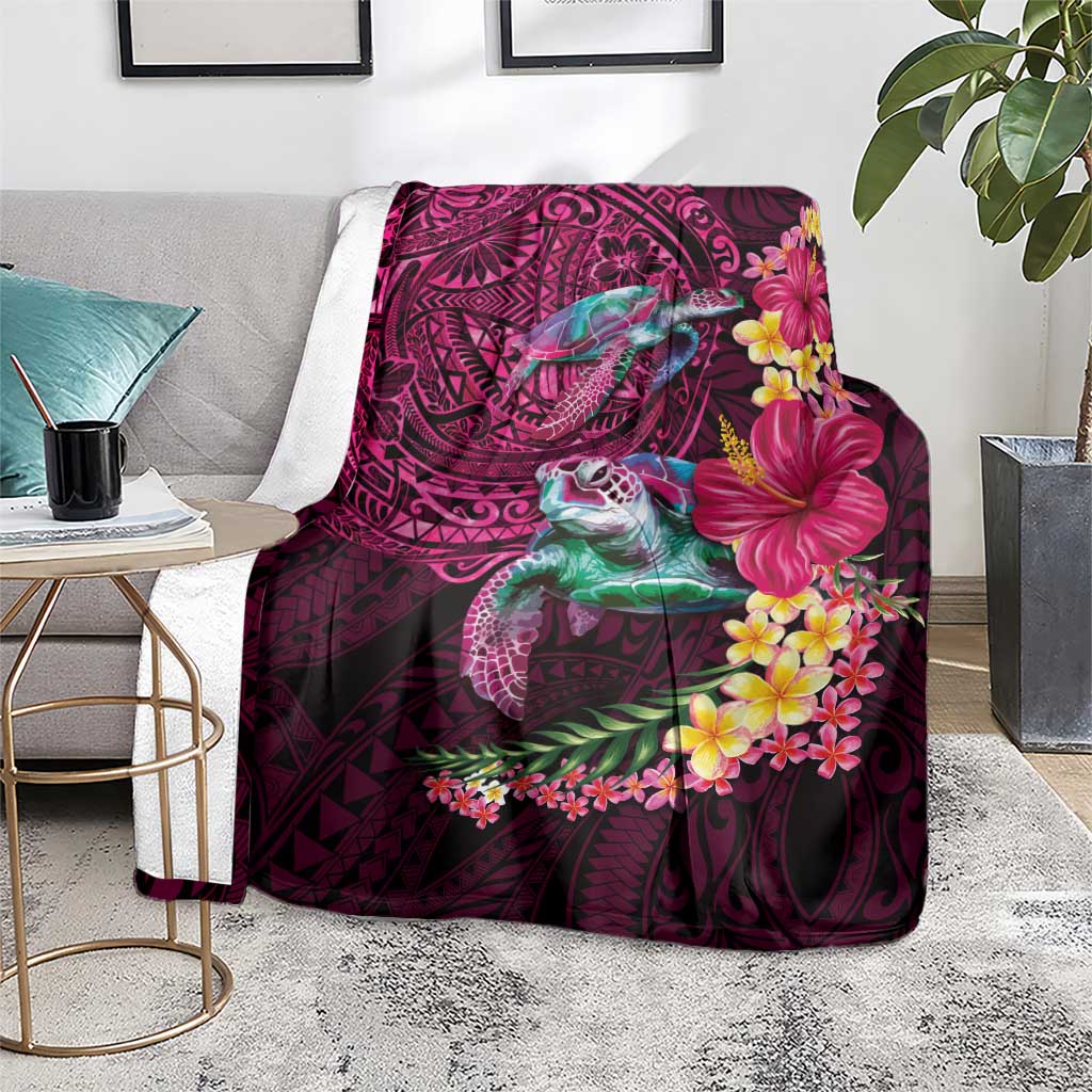Hawaiian Plumeria and Hibiscus with Turtles Blanket Polynesian Art Red Color - Polynesian Pride