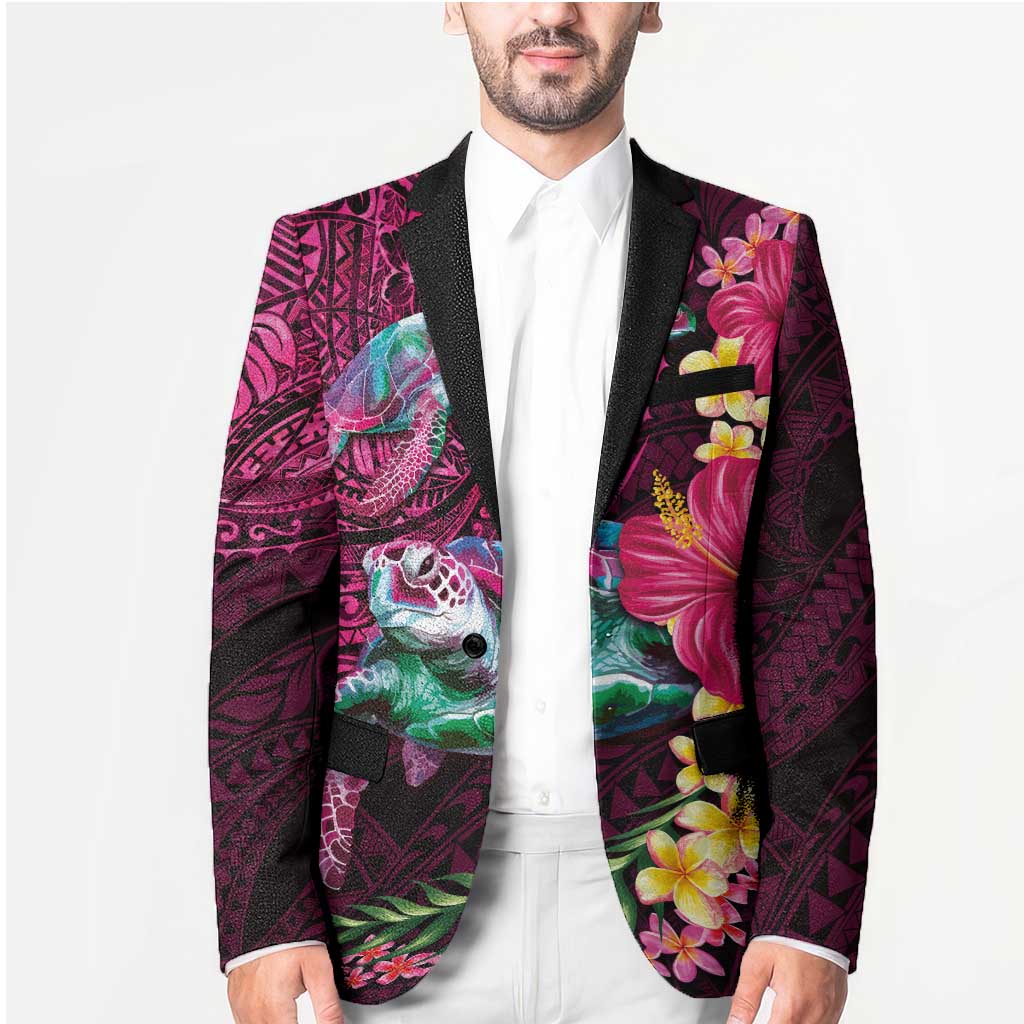 Hawaiian Plumeria and Hibiscus with Turtles Blazer Polynesian Art Red Color - Polynesian Pride