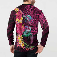Hawaiian Plumeria and Hibiscus with Turtles Button Sweatshirt Polynesian Art Red Color - Polynesian Pride
