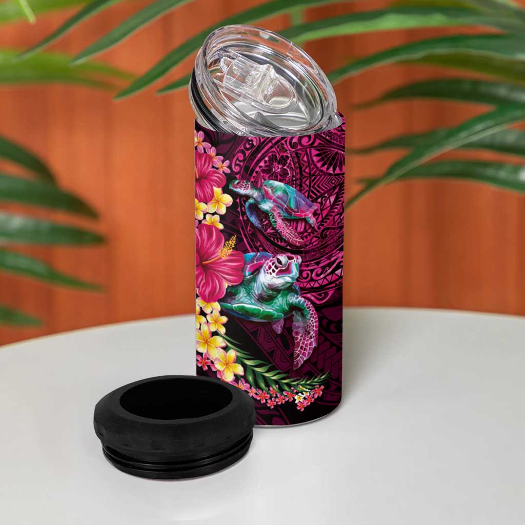 Hawaiian Plumeria and Hibiscus with Turtles 4 in 1 Can Cooler Tumbler Polynesian Art Red Color - Polynesian Pride